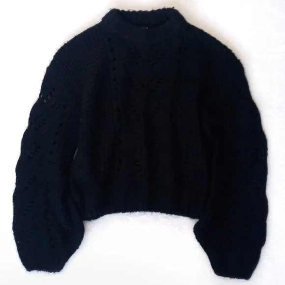 Black Chunky Cable Chunky Knit Long Sleeve Cropped Sweater S (Silverflint) - Picture 9 of 10